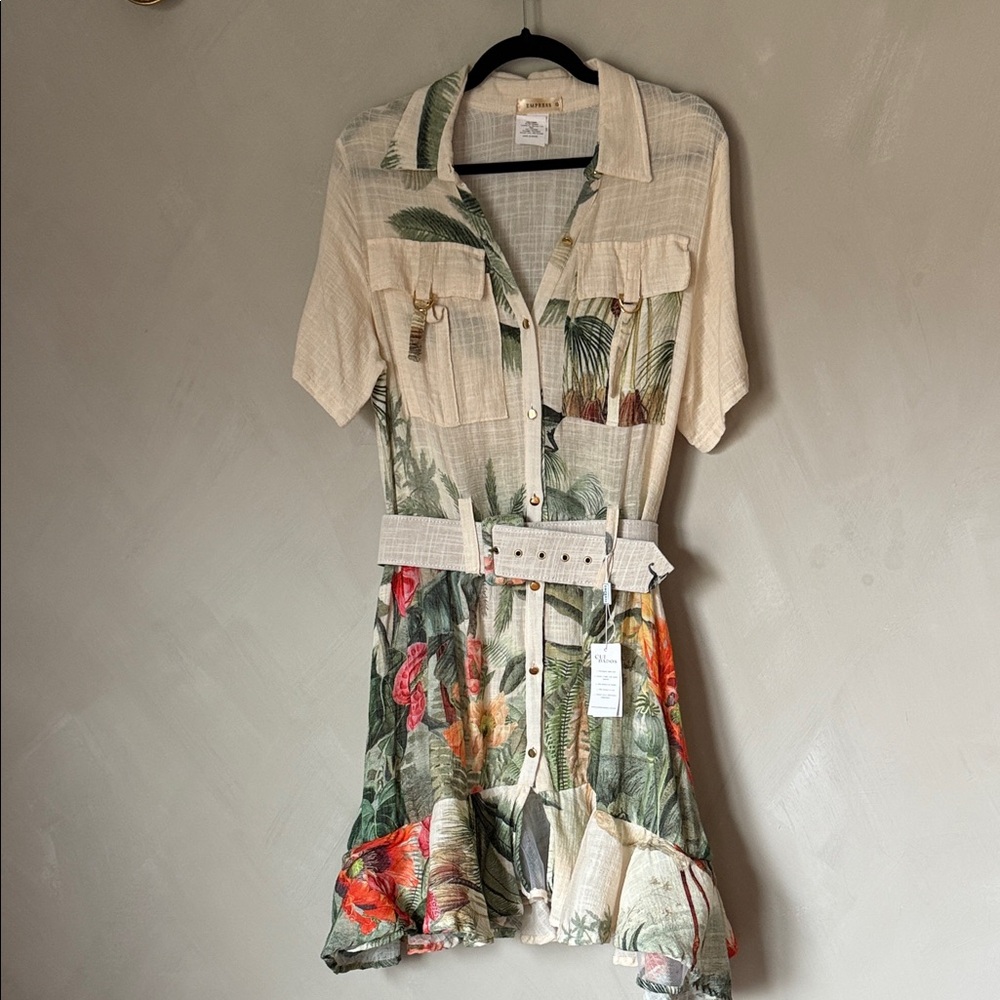 Empress Tropical Print Belted Shirt Dress